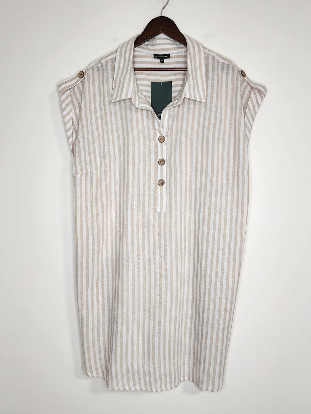 NWT Meadow Rhodes Anthropologie Beige & White Striped Cotton Shirt Dress 3X